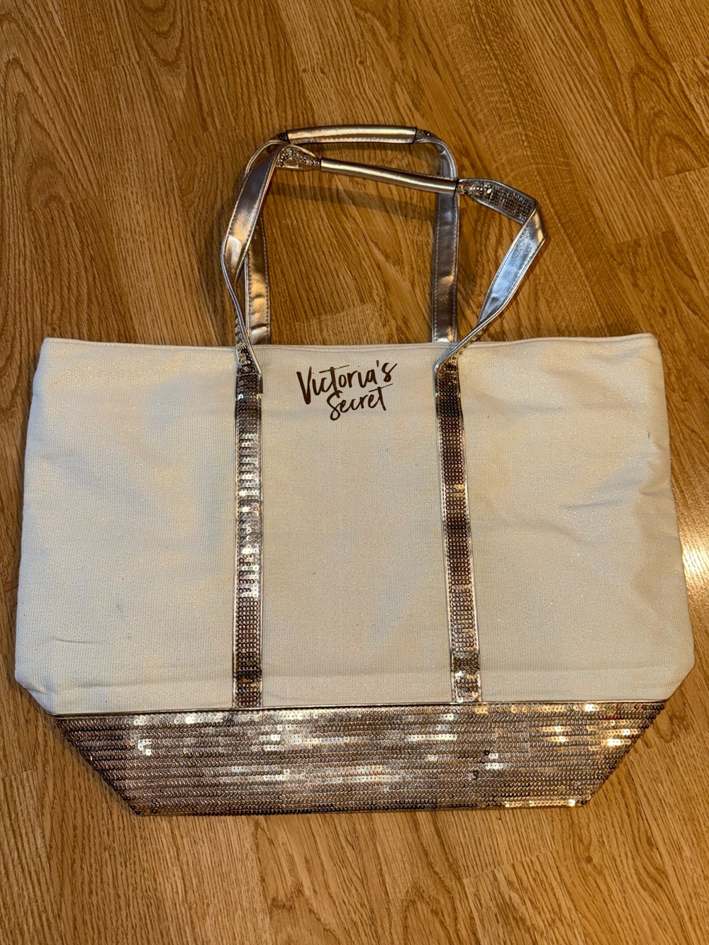 Victoria's Secret Cream Tote with Metallic Rose Sequin Accents